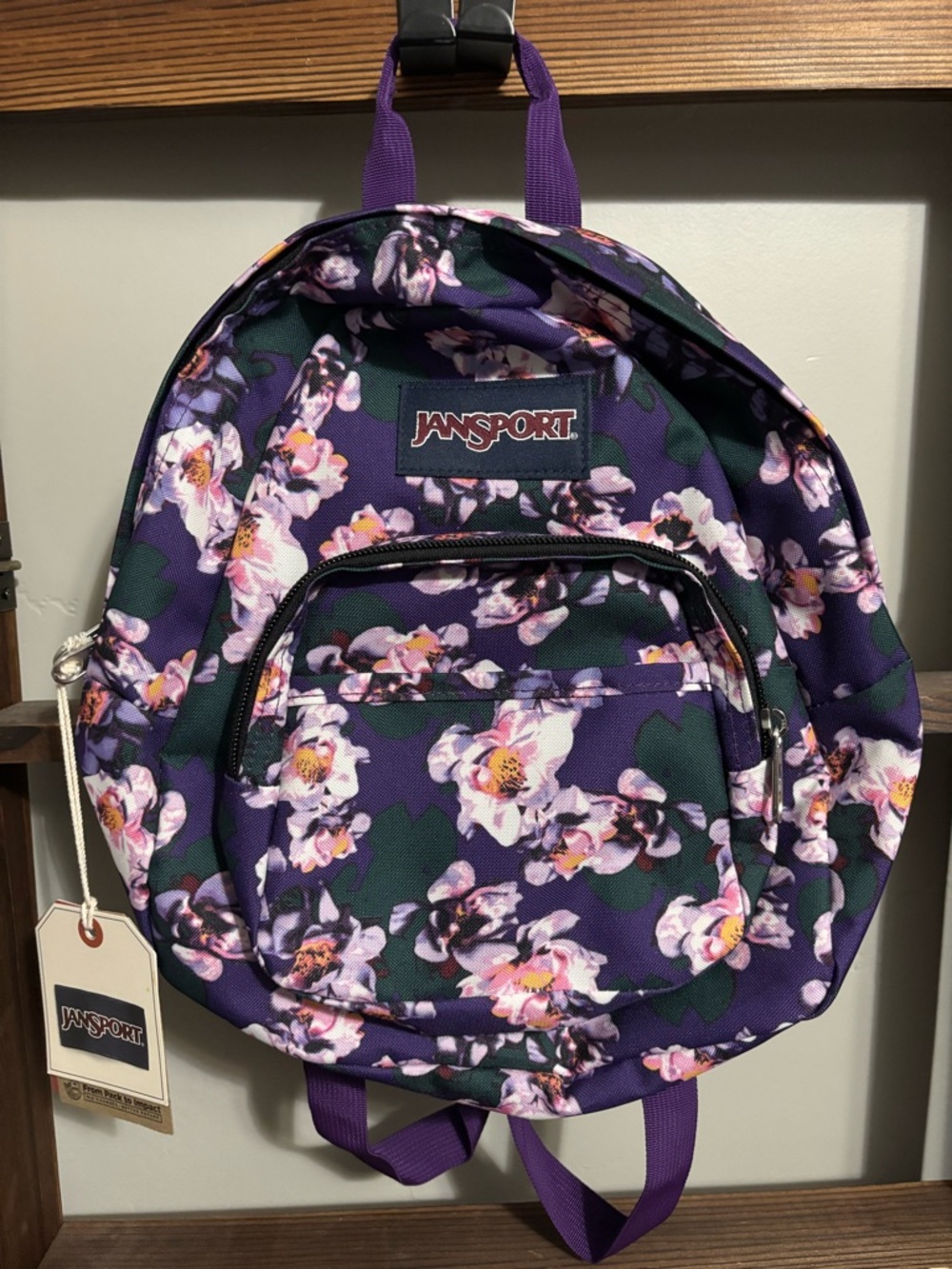 Jansport Purple Floral Mini Backpack with Green Panels